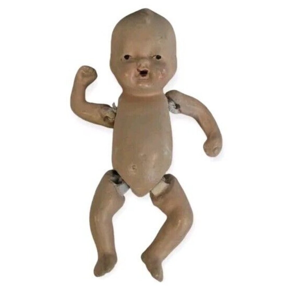 Bisque Jointed Baby Doll Japan Stringed Stamped Mouth Miniature Porcelain Vtg 4"